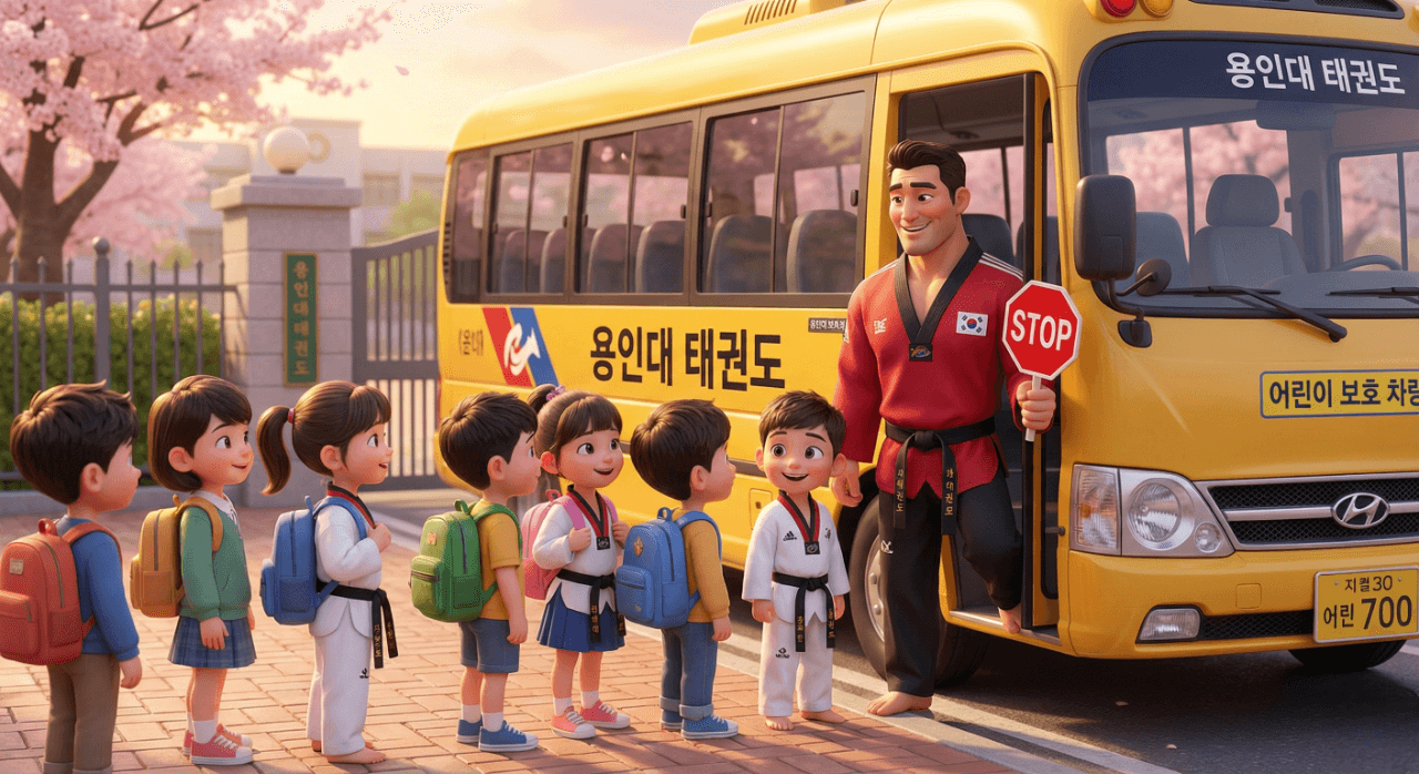 학교 앞에서 노란색 태권도 학원 차를 기다리는 아이들과, 안전하게 인솔해주시는 관장님의 든든한 모습 (3D 캐릭터)
