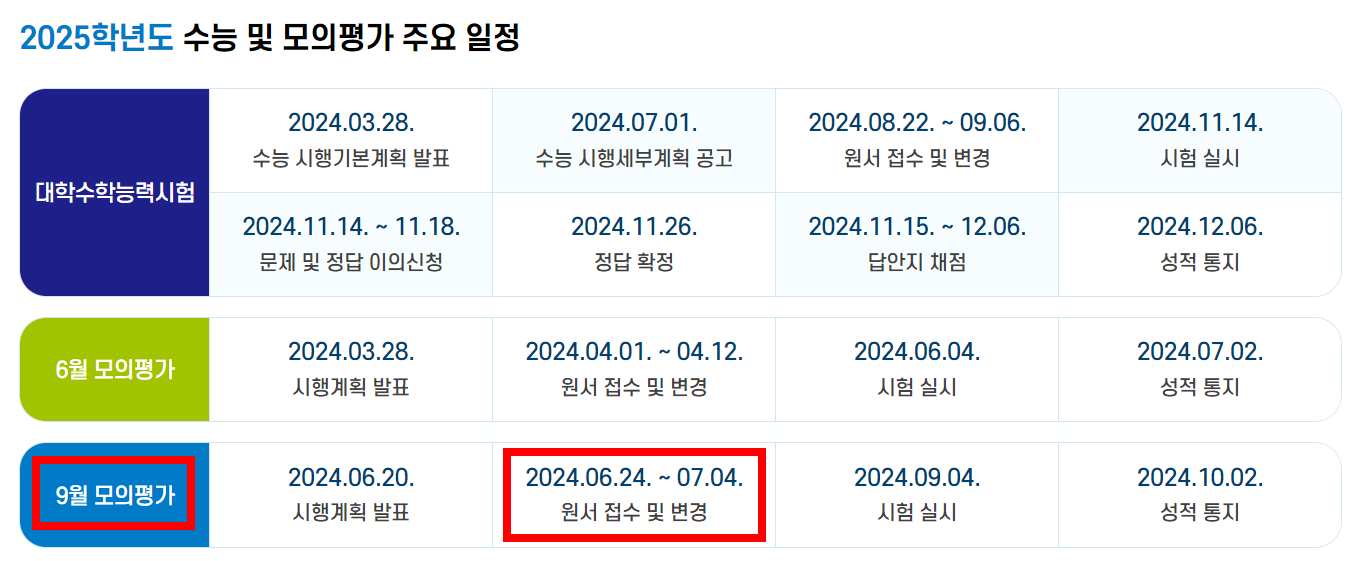 2025 수능 9월 모의고사 일정