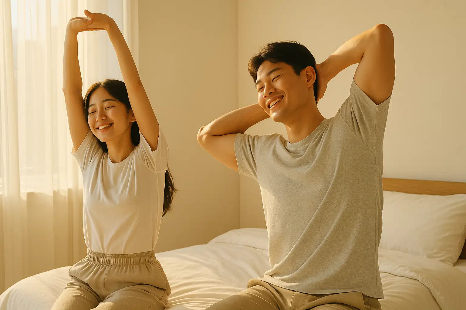 밝은 아침 햇살 아래 스트레칭하는 남녀, 오른쪽 등이 편안해진 듯한 장면