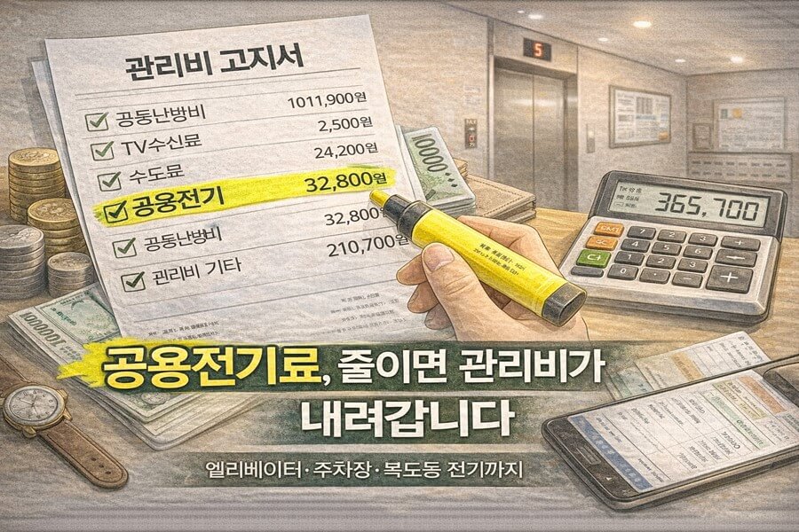아파트 관리비 고지서에서 공용전기료 항목을 확인하고 절감 포인트를 찾는 모습입니다.