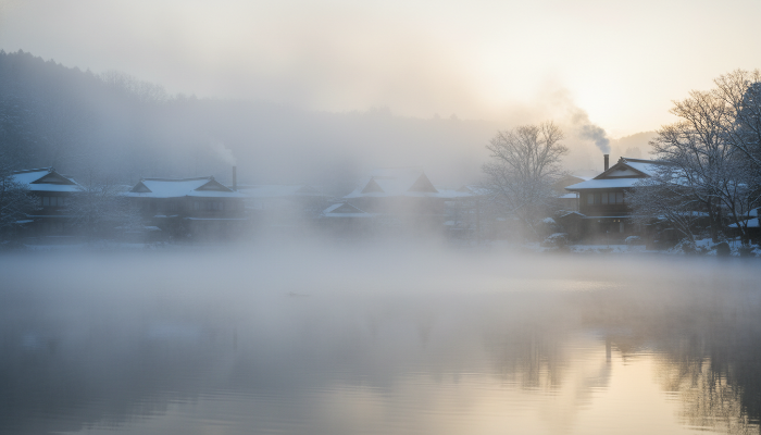 겨울 새벽, 물안개 자욱한 유후인 긴린코 호수의 몽환적이고 평화로운 풍경.