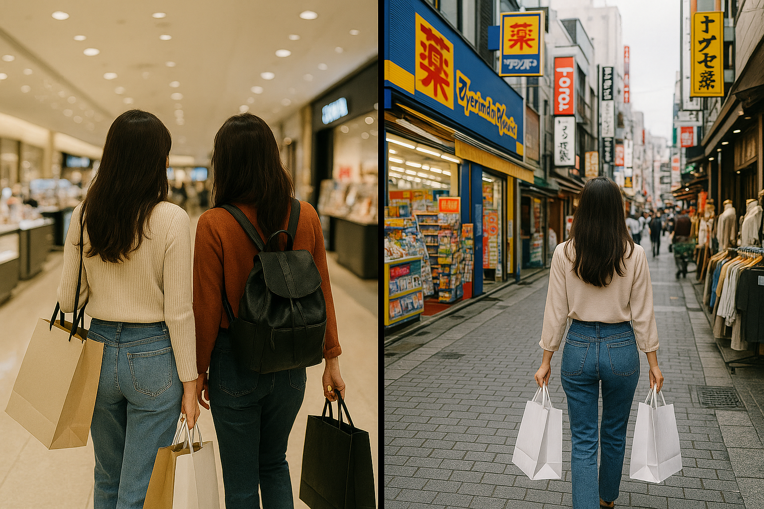 일본 백화점에서 쇼핑과 일본 로드샵에서 쇼핑을 비교하는 사진