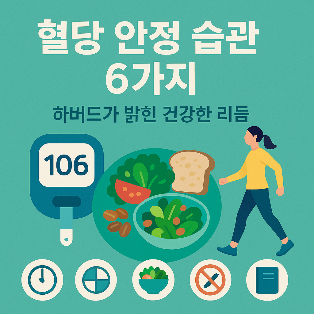 하버드가 밝힌 혈당 안정 습관 6가지 – 혈당측정기, 지중해식 식단, 걷기, 6가지 아이콘(식사시간·양조절·지중해식·운동·금연·식사기록) 인포그래픽