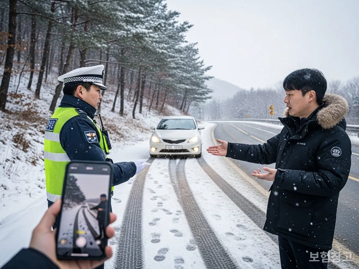 눈길 갓길에서 경찰관에게 사고 정황을 설명하며 증거를 확보하는 운전자