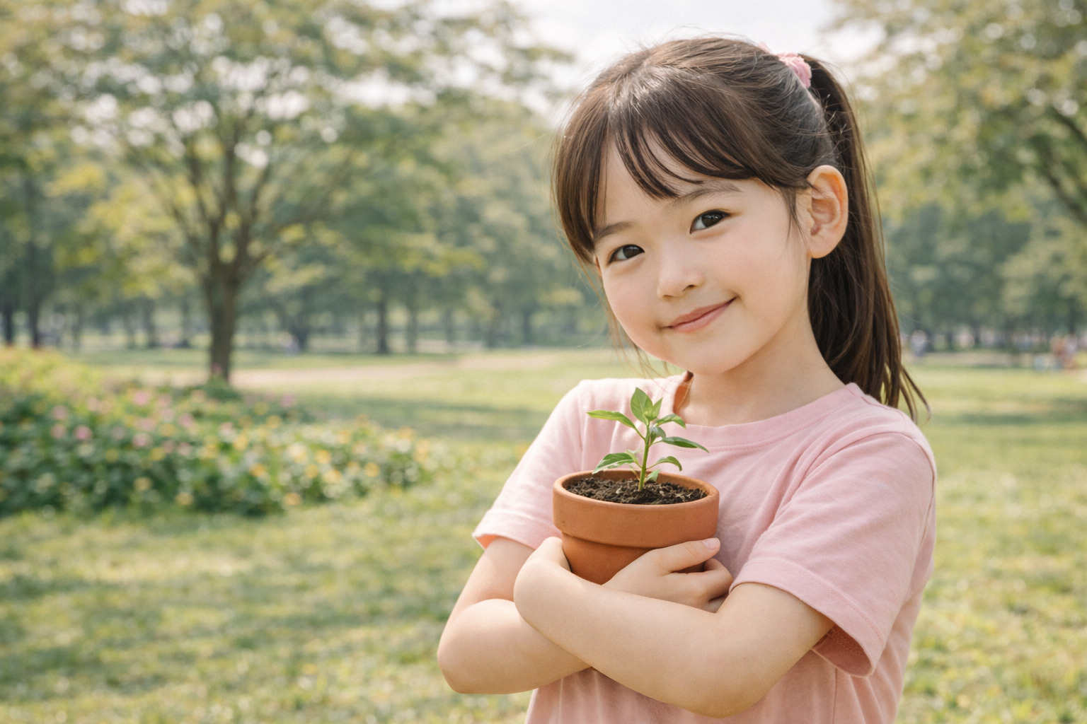 작은 식물이 자라난 화분을 품에 안고 있는 7살 여자아이의 모습