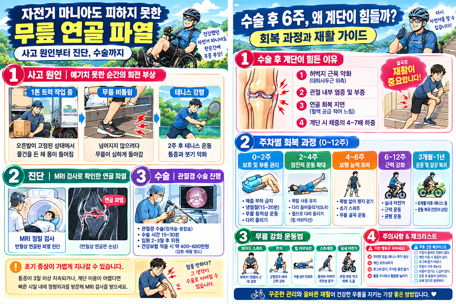자전거 마니아 무릎 연골 파열 관절경 수술 후 6주 계단 통증 원인 및 주차별 재활 가이드