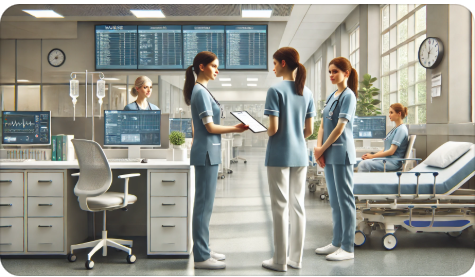 간호사가 무표정한 얼굴로 동료와 마주 선 모습