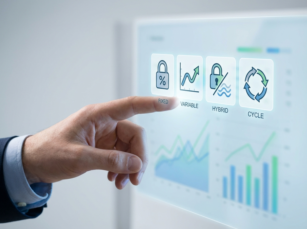 고정, 변동, 혼합, 주기 금리를 나타내는 네 개의 금융 아이콘을 향해 인간의 손이 가리키는 클로즈업 이미지. 배경은 미묘한 데이터 차트가 있는 깔끔하고 현대적인 인터페이스이며, 명확하고 정보를 제공하며 힘을 실어주는 분위기를 연출한다. 전문적이고 사실적인 사진 스타일과 부드러운 조명을 사용했다.