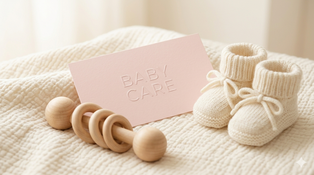 부드러운 면 담요 위에 놓인 친환경 원목 딸랑이와 'BABY CARE' 문구가 선명하게 적힌 파스텔톤 육아 보조금 기프트 카드의 감성적인 클로즈업 사진.