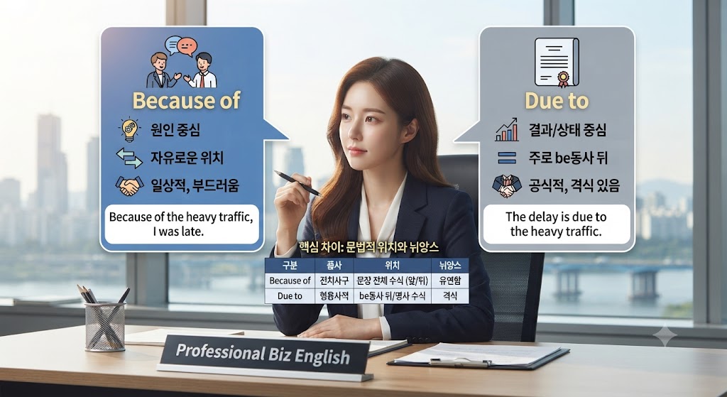 Business English Grammar: How to correctly use 'Because of' vs 'Due to' in professional emails, with a clear comparison infographic.