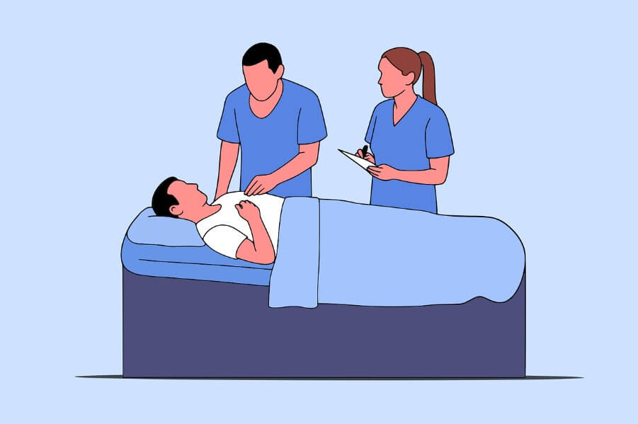 환자가 누워있고 상태를 체크하는 의사들