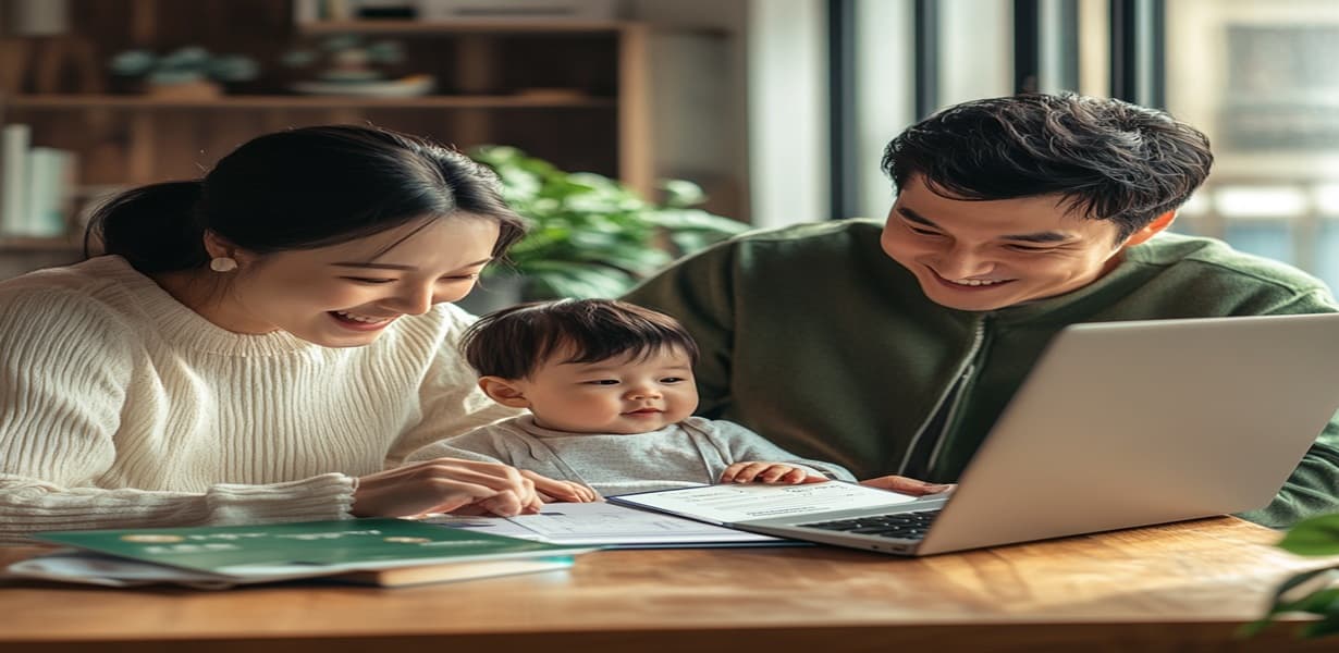 부모급여 안내 서류를 받는 행복한 가족의 실사 이미지