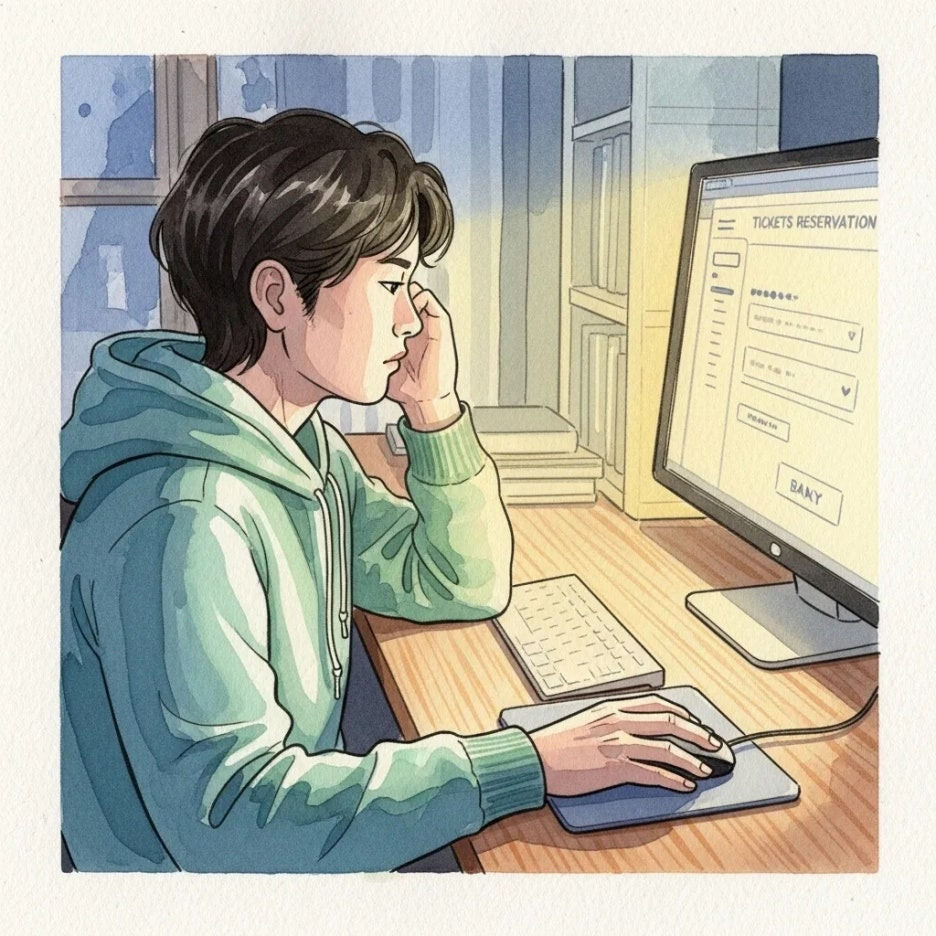 집에서 컴퓨터로 콘서트 티켓 예매를 시도하는 모습