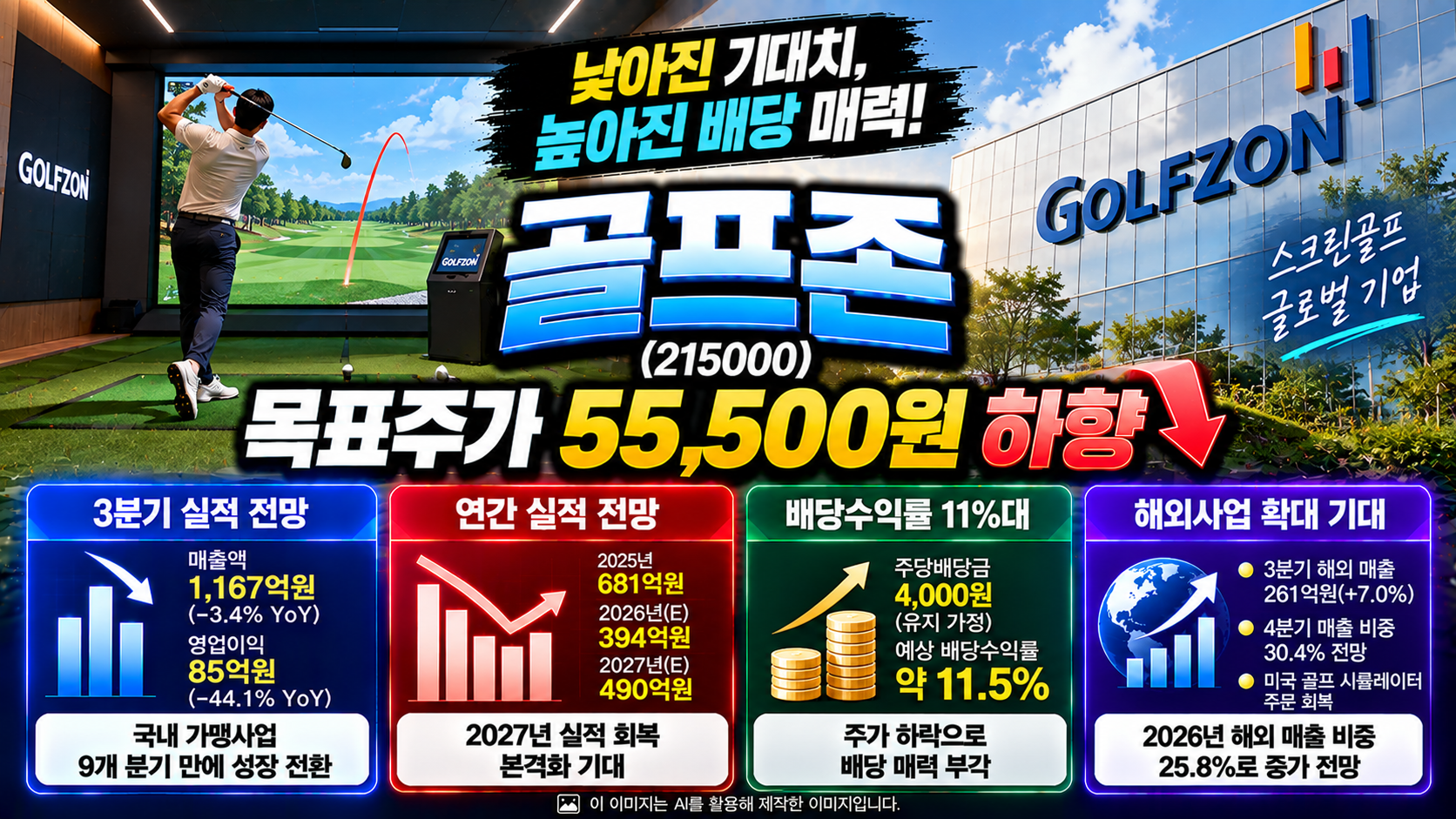 골프존(215000) 주가 전망 및 기업분석, 목표주가 55,500원 하향, 2026년 3분기 영업이익 85억원 전망, 주당배당금 4,000원 유지 가정 시 예상 배당수익률 11.5%, 국내 가맹사업 성장 전환과 2027년 실적 회복 및 해외사업 확대 기대