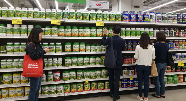 다이소 건강식품 매대에서 가르시니아 제품이 놓여 있는 모습