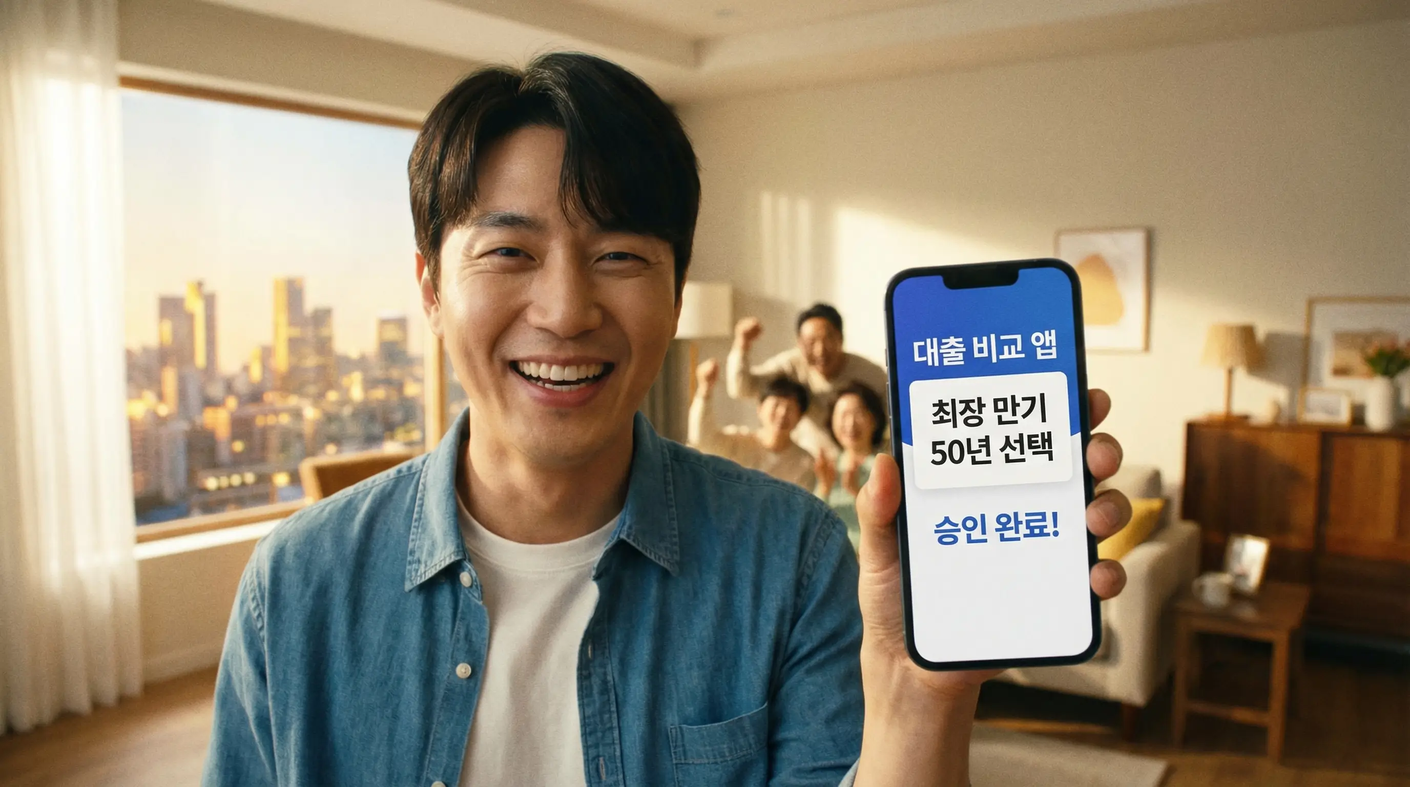 스마트폰으로 대출 조건을 비교하고 최장 만기 50년 옵션을 선택하여 승인받는 성공적인 모습