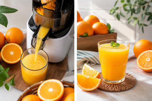 orange juice cup and kuvings slow juicer