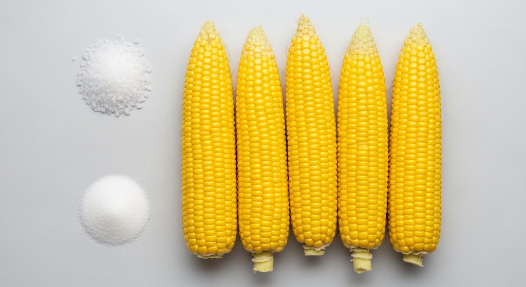 굵은소금 1큰술, 설탕 2큰술이 각각 나뉘어 담긴 그릇 옆에 황금맛찰옥수수 5개가 놓인 주방 상차림
