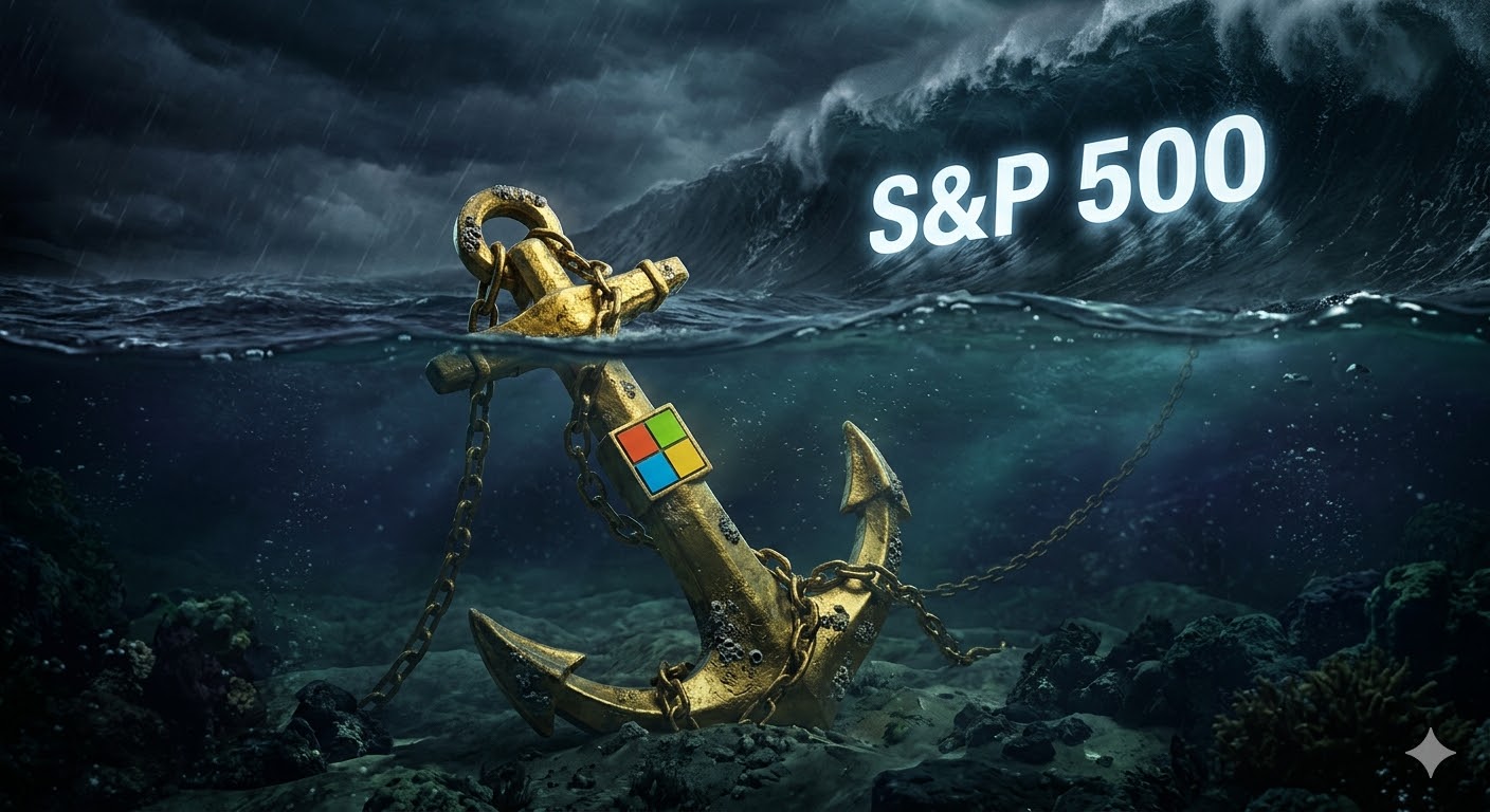 폭풍우가 치는 어두운 바다 위에서 마이크로소프트 로고가 새겨진 황금 닻이 바다 깊숙이 내려가고 있고, 그 뒤로 S&amp;P 500 리밸런싱이라는 거대한 파도가 밀려오는 3D 일러스트