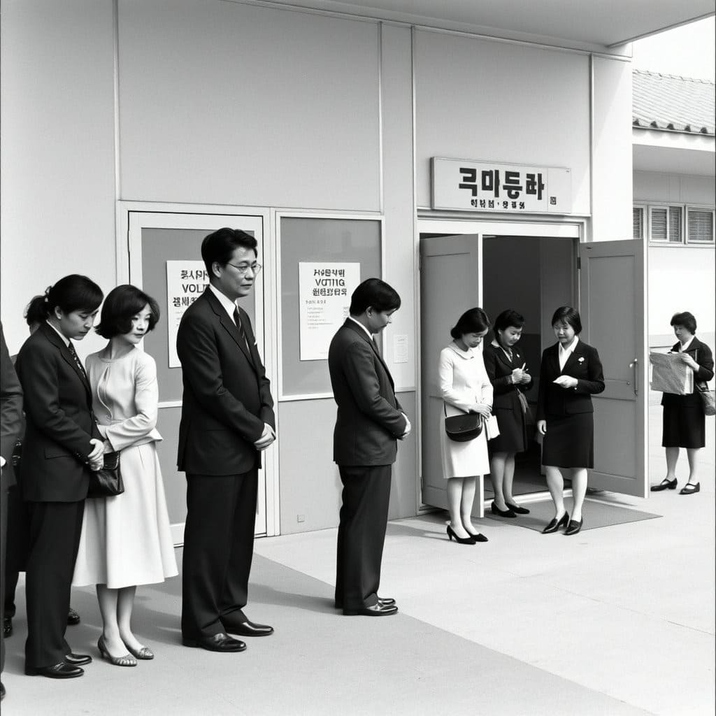 1980년대 후반 투표소의 모습을 참고하여 [7] 사람들이 줄을 서서 투표를 기다리거나 투표를 하고 나오는 모습을 담습니다. 당시의 의상이나 건물 스타일을 반영하여 시대적 배경을 드러냅니다. 흑백 또는 세피아 톤의 색감을 사용하여 역사적인 느낌을 강조하거나&amp;#44; 당시의 색감을 살려 기록적인 분위기를 연출할 수 있습니다. 진지하고 경건한 분위기를 표현하는 데 초점을 맞춥니다. 