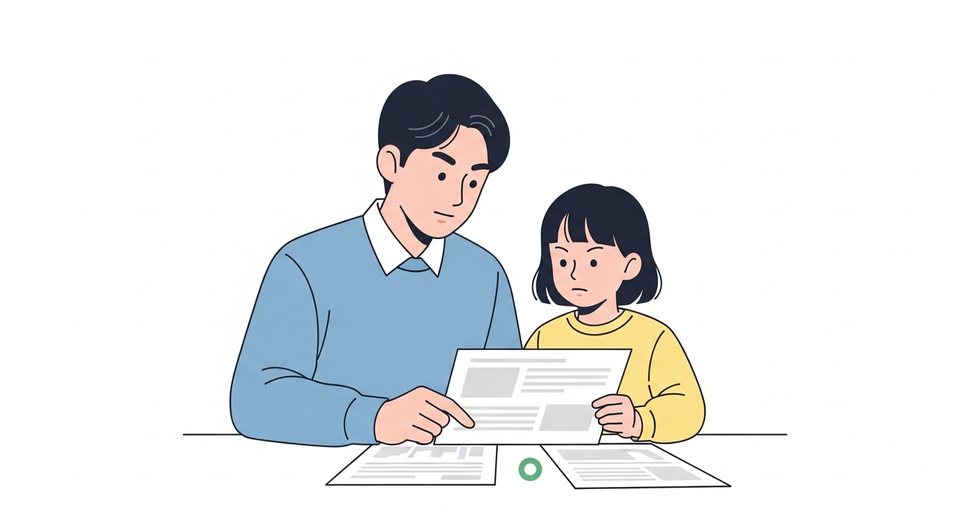 부모와 아이가 함께 금융서류를 검토하는 장면 — 미성년자 계좌는 부모의 동의가 필수이기 때문에 꼼꼼히 확인해야 합니다.