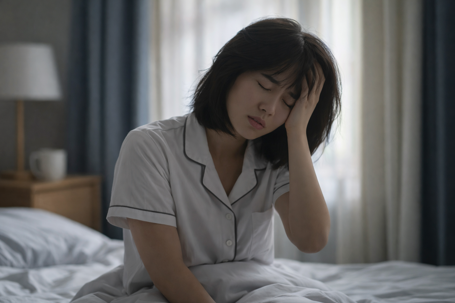 충분히 잔 것처럼 보이지만 아침에 피로를 느끼며 침대에 앉아 있는 여성의 모습