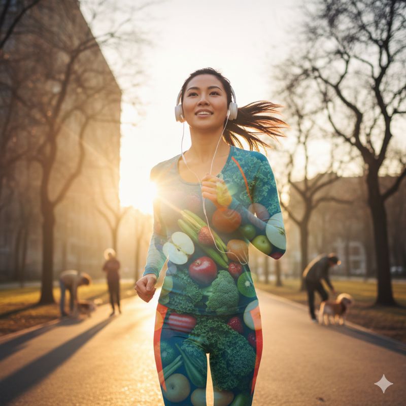 건강한 식단과 운동을 상징하는 밝은 햇살 아래 조깅하는 여성의 모습