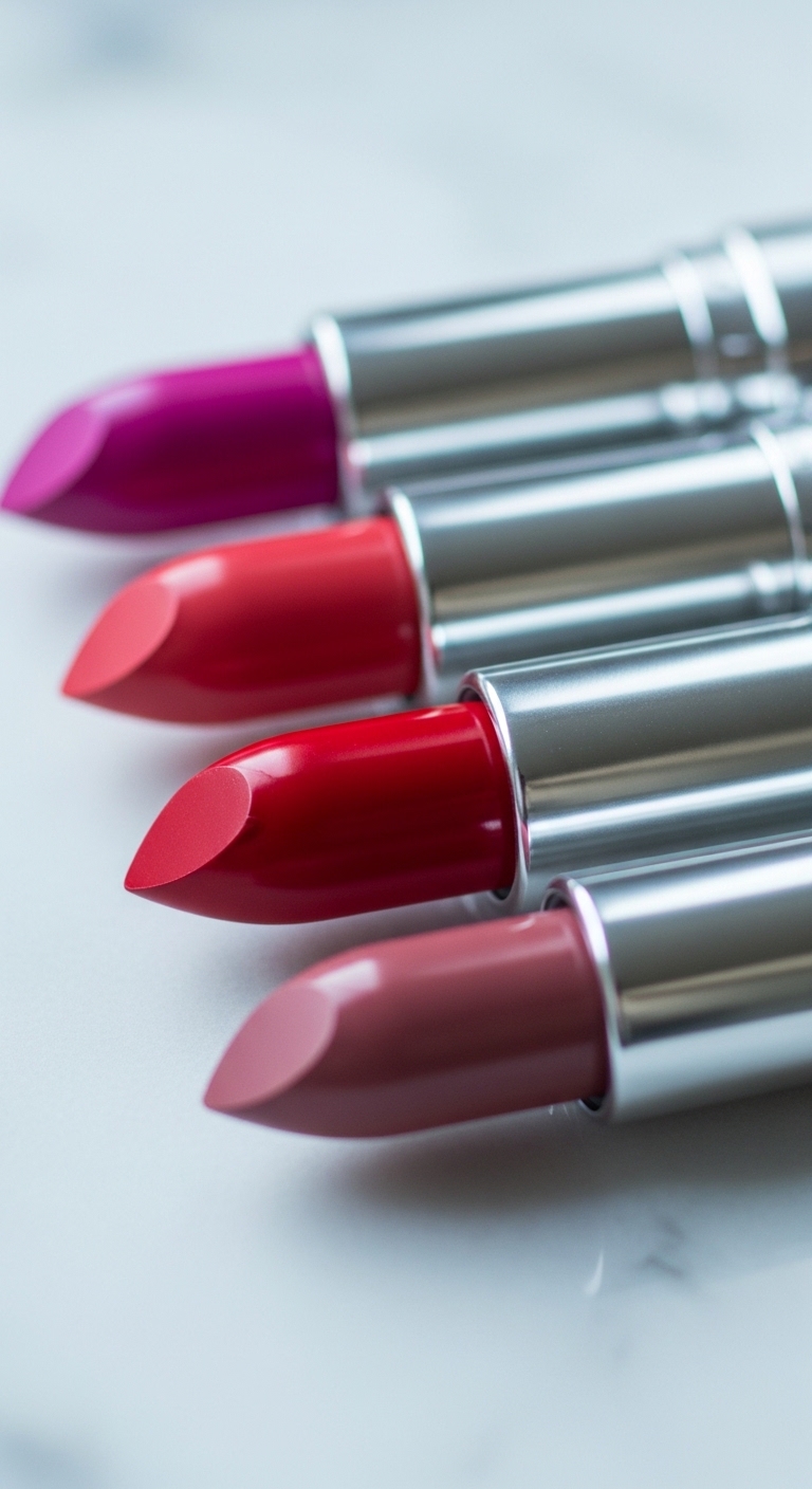 푸시아 핑크, 체리 레드, 모브 컬러 등 쿨톤 피부의 생기를 살려주는 시원한 색감의 립스틱들을 보여줍니다. 세련되고 차가운 느낌의 컬러 팔레트