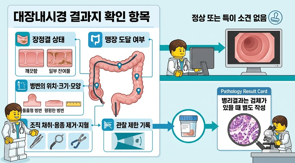 장정결 상태, 맹장 도달 여부, 병변 소견, 내시경 처치 및 관찰 제한 기록 등 대장내시경 결과지 주요 확인 항목 인포그래픽