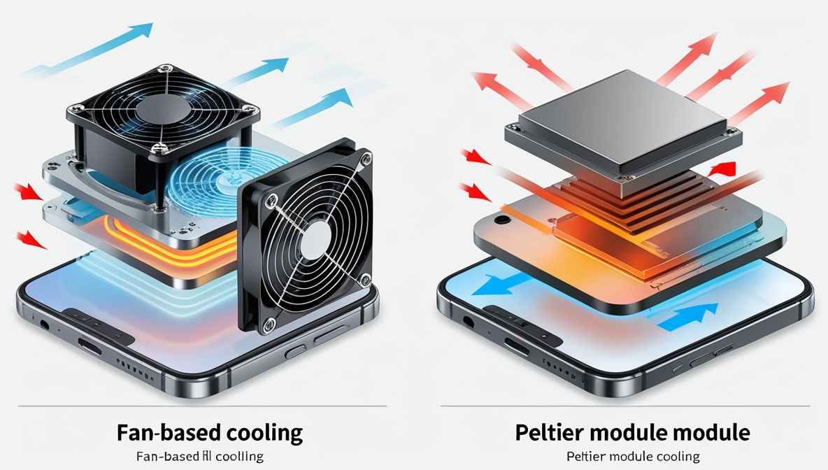 팬 방식 쿨러와 펠티어 소자 방식 쿨러의 내부 구조를 비교하는 그림