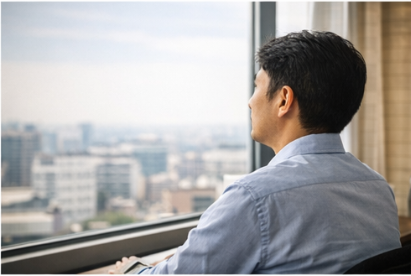 창문을 바라보는 직장인 사진