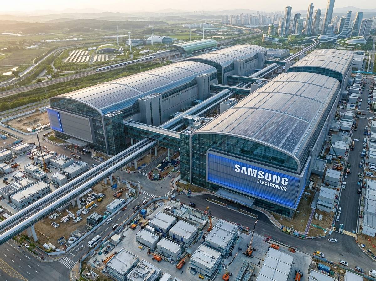 거대한 규모의 반도체 공장 건설 현장, 조감도와 함께 삼성전자 로고가 보이는 미래지향적 평택 P5 라인 모습