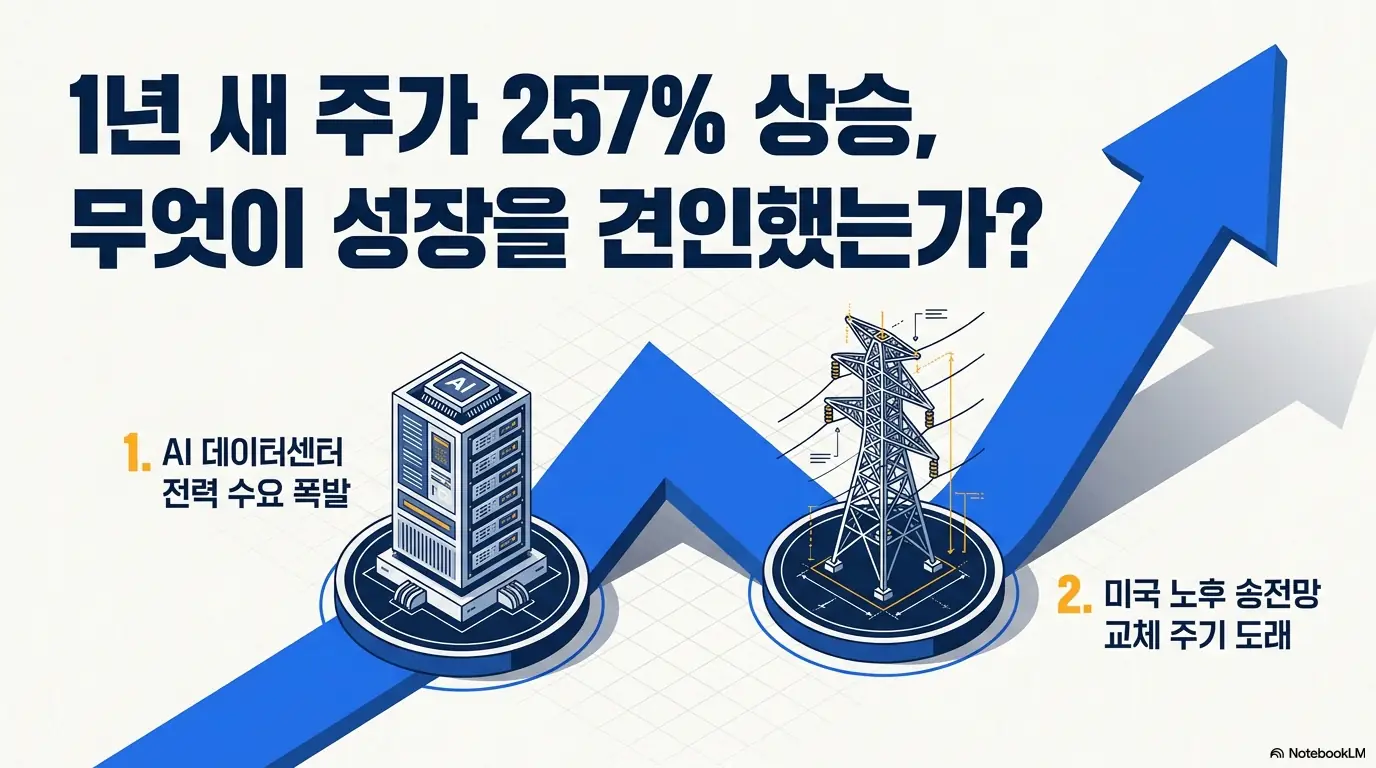 HD현대일렉트릭 주가가 1년 새 257% 상승한 두 가지 성장 동력을 보여주는 인포그래픽. AI 데이터센터 전력 수요 폭발과 미국 노후 송전망 교체 주기 도래가 우상향 화살표와 함께 표현되어 있다. 전력 슈퍼사이클 수혜 구조를 시각적으로 전달하며 종목 분석 주제와 연결된다. 