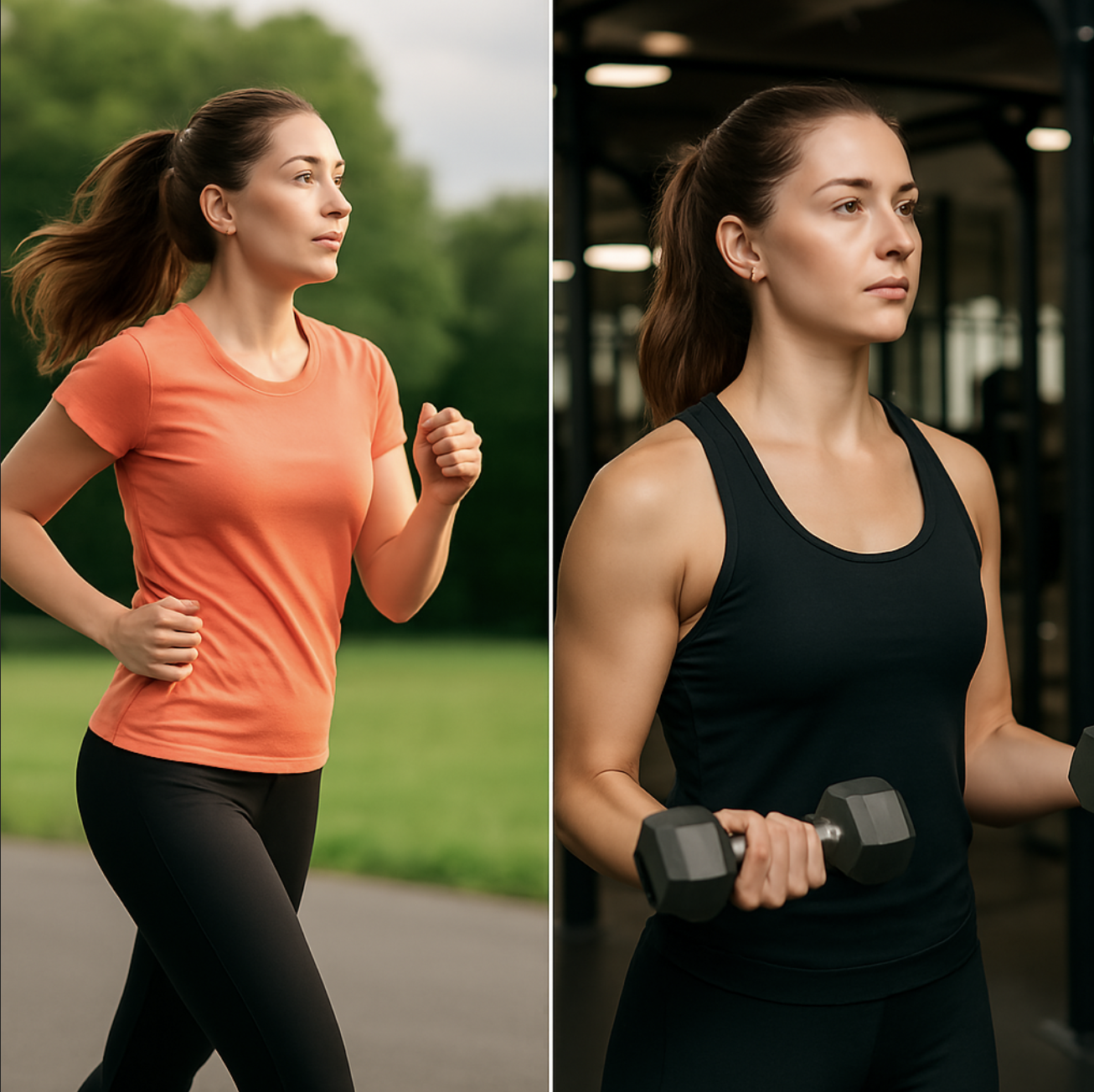 공원에서 조깅하는 모습과 헬스장에서 덤벨을 드는 모습을 나누어 보여주는 운동하는 여성의 분할 이미지
