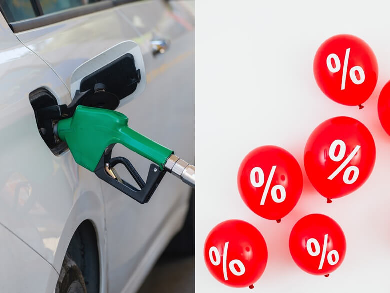 유류세 인하관련 좌측은 하얀색 승용차에 녹색주유구로 기름을 채우고 있는 사진이며 우측은 빨간색 풍선 대여섯개에 흰색으로 "퍼센트(%)" 쓰여진 사진
