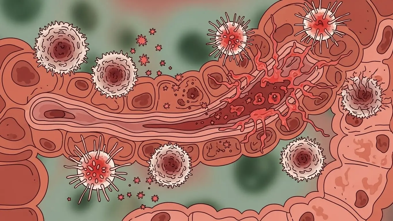 장벽이 손상되어 음식물과 독소가 새어 나가는 '장 누수 증후군'을 보여주는 추상적인 장 그림