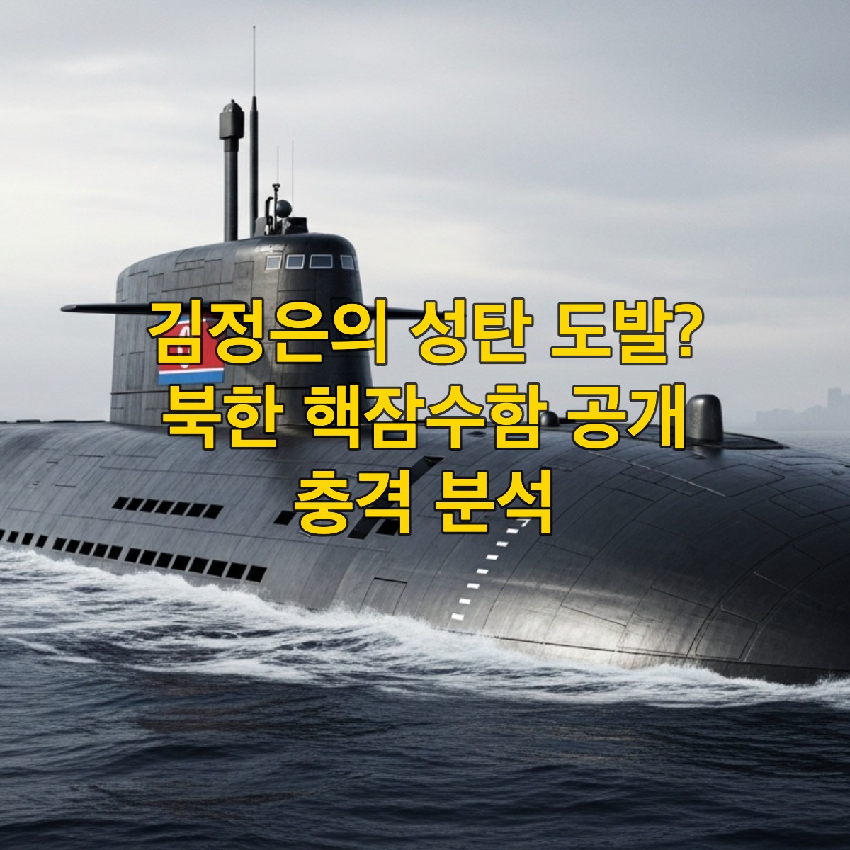 북한이 공개한 신형 8700톤급 핵잠수함이 어둡고 거친 바다에서 위용을 드러내는 모습, 한반도 안보 위협을 상징하는 긴장감 넘치는 장면.