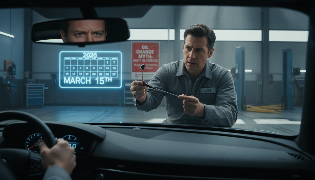 카센터에서 엔진오일 게이지를 보여주는 정비사와 의심스러운 표정의 운전자