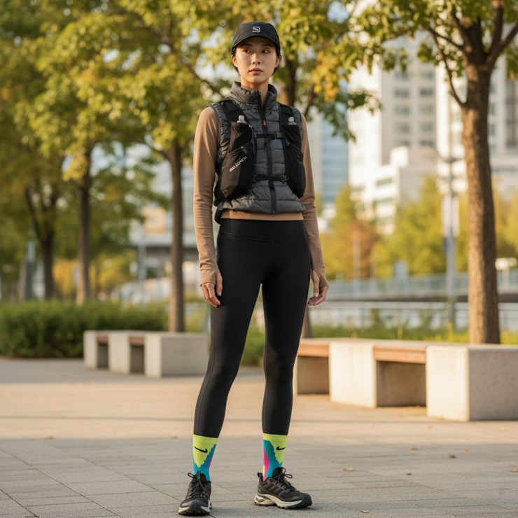 살로몬 캡과 러닝베스트 착용 고프코어 룩 러너