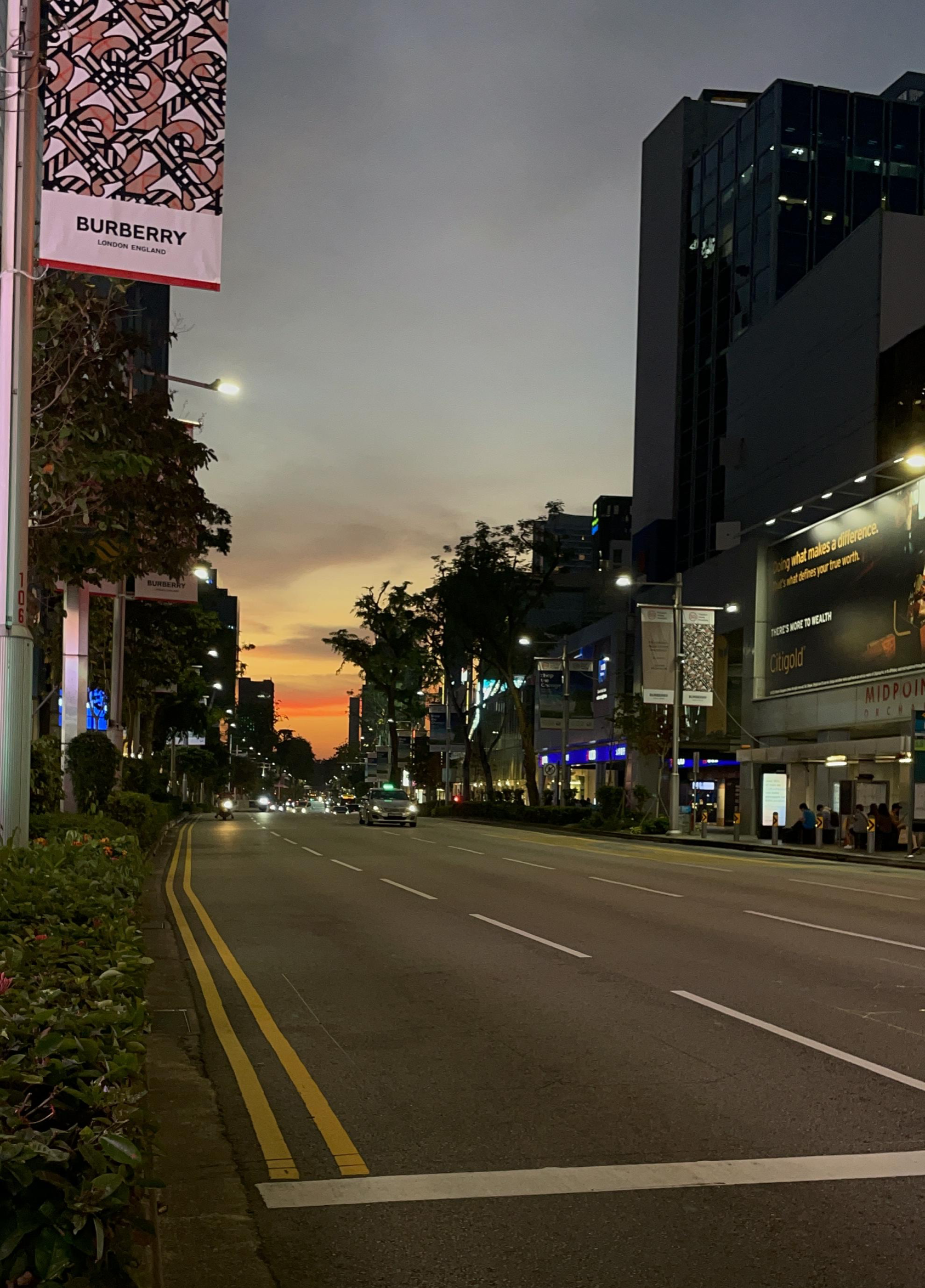 싱가포르 Orchard Road 해가 저물어가는 도로 위 사진