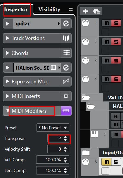 큐베이스 조옮김_이조와 전조-인스펙터 창