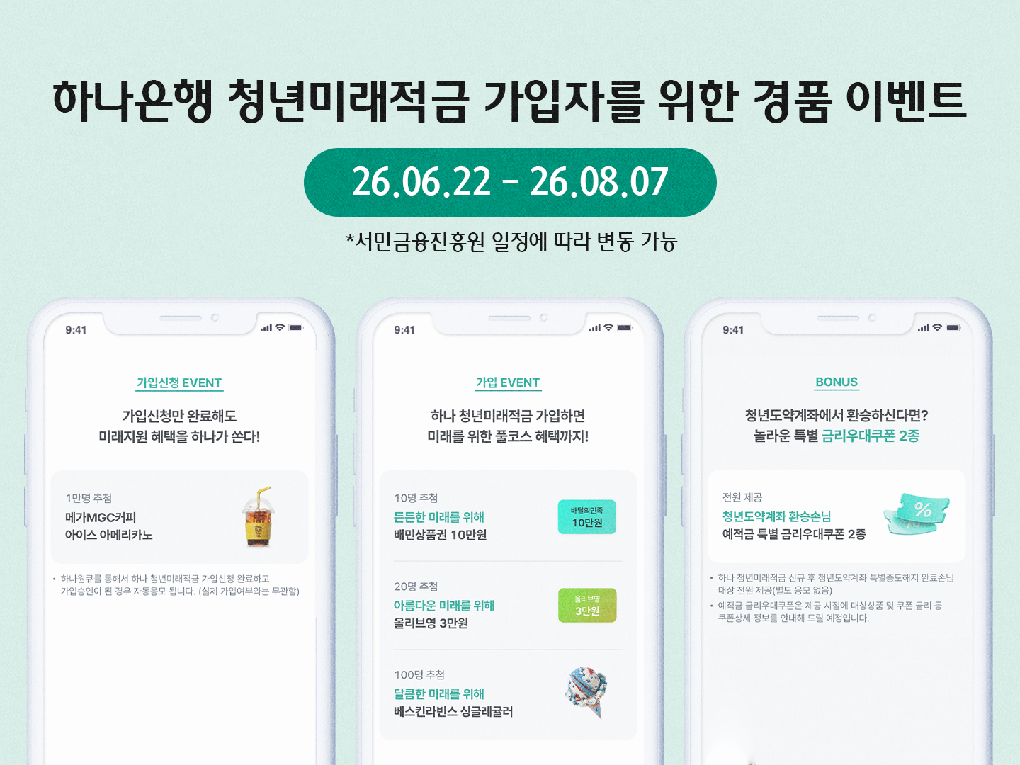 하나은행 청년미래적금 가입자를 위한 경품 이벤트 안내. 26.06.22~26.08.07 운영(서민금융진흥원 일정에 따라 변동 가능). 가입신청 이벤트: 메가MGC커피 아이스아메리카노 1만 명 추첨. 가입 이벤트: 배민상품권 10만원 10명, 올리브영 3만원 20명, 베스킨라빈스 싱글레귤러 100명 추첨. 스페셜 보너스: 청년도약계좌 환승 손님 예적금 금리우대쿠폰 2종 전원 제공