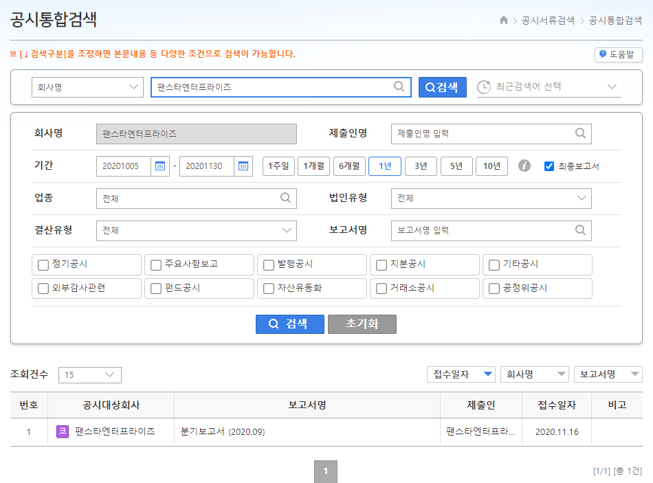 팬스타엔터프라이즈3분기실적발표