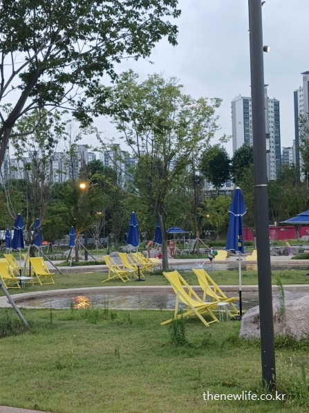 노란색 썬베드와 파란 파라솔이 조성된 잠실 한강공원 물놀이장 잔디 구역