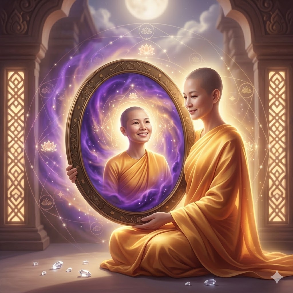 맑게 닦인 거울 속에 평온하게 미소 짓는 자신의 모습이 비치고, 그 주변으로 신비로운 보랏빛과 황금빛 아우라가 퍼져 나가는 1:1 비율의 고품격 사진.