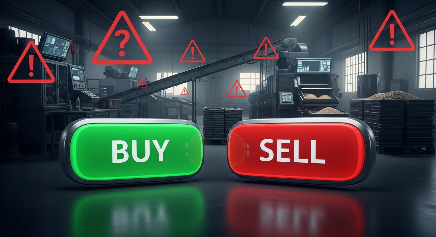 Green 'Buy' button and red 'Sell' button, factory photo with risk icons (question marks).