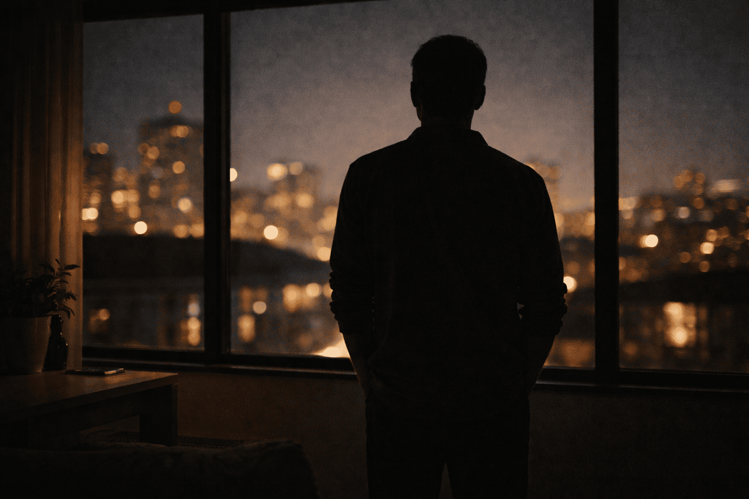 하루를 마무리하며 도시 불빛을 바라보는 뒷모습, AI 루틴을 다잡는 따뜻한 밤.