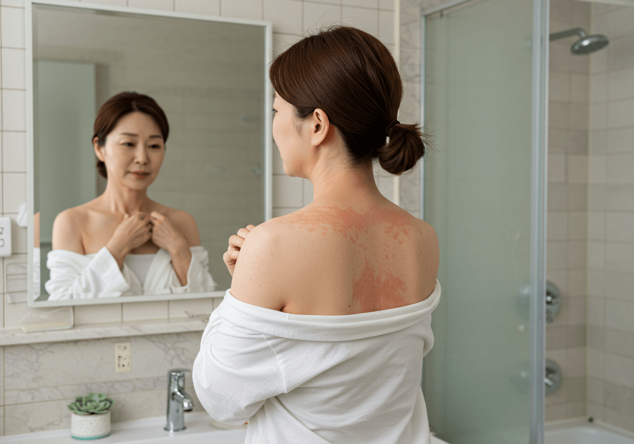 거울 앞에서 어깨 피부 발진을 확인하는 여성