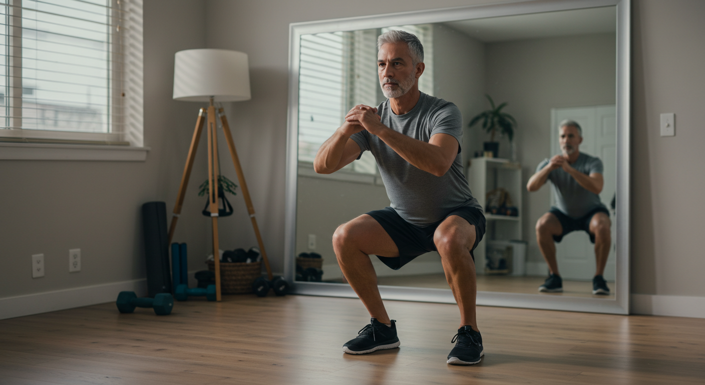 스쿼트 자세를 취하는 중년 남성 실내 운동