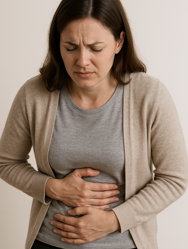 위통증으로 힘들어하는 여성의 사진